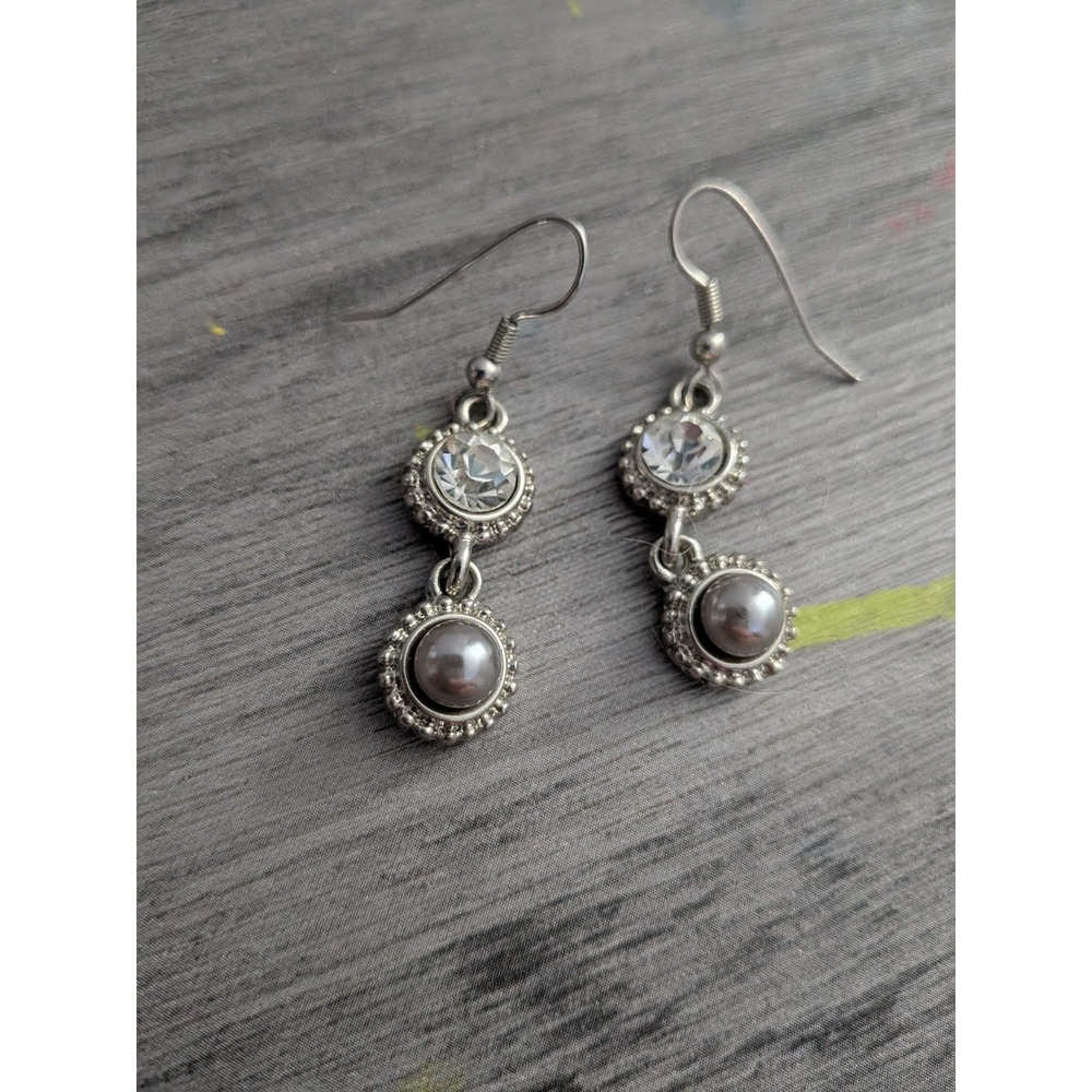 Silver Tone Rhinestone and Grey Faux Pearl Two Tier Drop Dangle Earrings